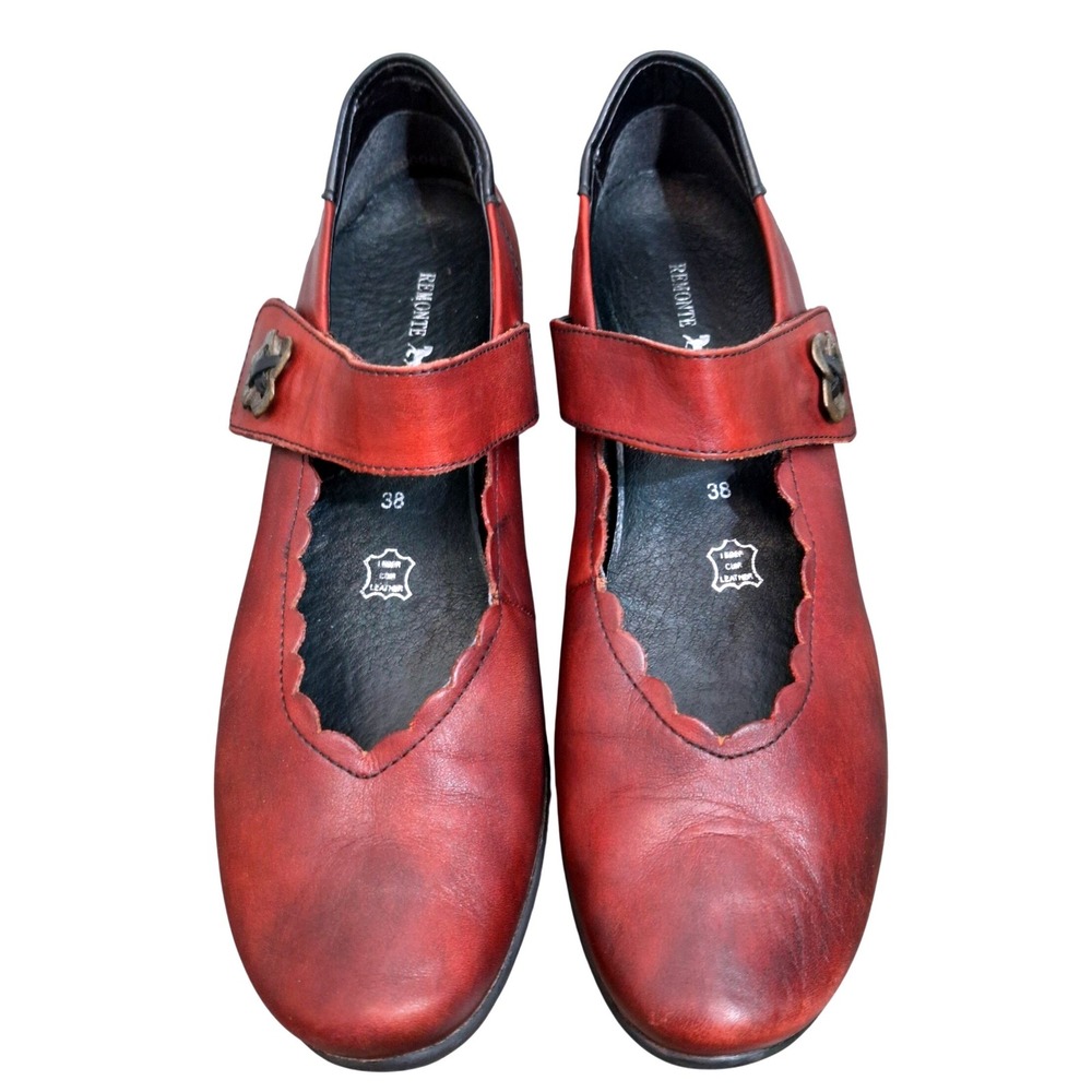 Remonte Dorndorf Red Leather Scalloped Mary Jane Low Wedge Pumps Size 7.5US 38EU
